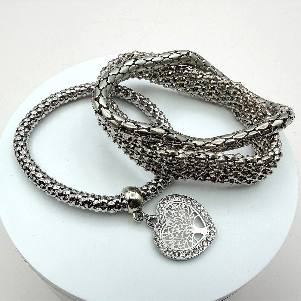Vintage‎ Y2K Silver Tone Tree of Life Heart Charm Mesh Bracelet Women's Jewelry